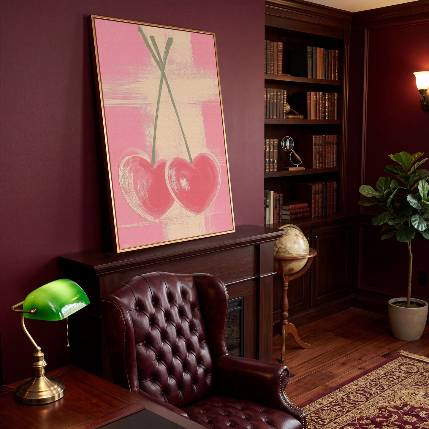 Pink Heart Cherries Canvas Print in antique gold floating frame
