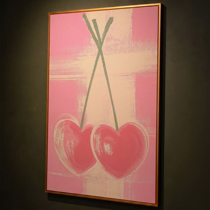 Pink Heart Cherries Canvas Print shown in antique gold floating frame
