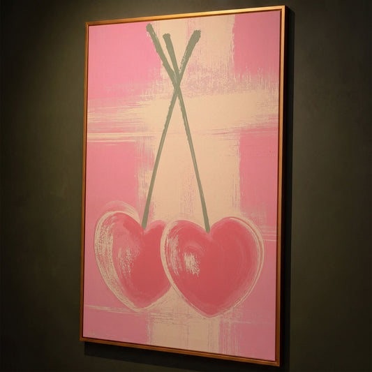 Pink Heart Cherries Canvas Print shown in antique gold floating frame