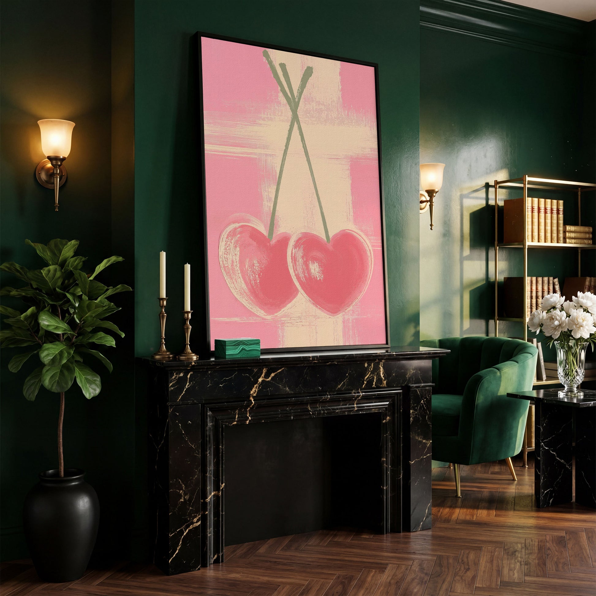 Pink Heart Cherries Canvas Print in black floating frame