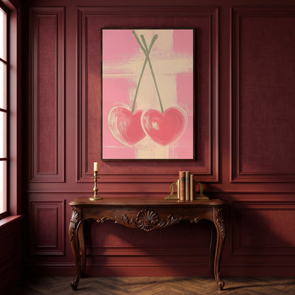 Pink Heart Cherries Canvas Print in dark walnut floating frame