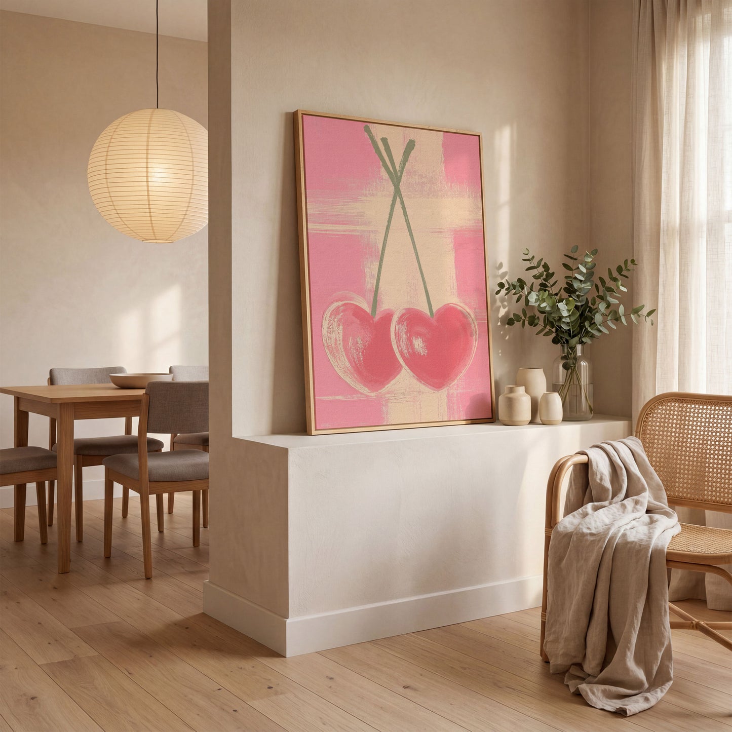 Pink Heart Cherries Canvas Print in white oak floating frame