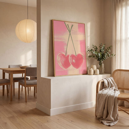 Pink Heart Cherries Canvas Print in white oak floating frame