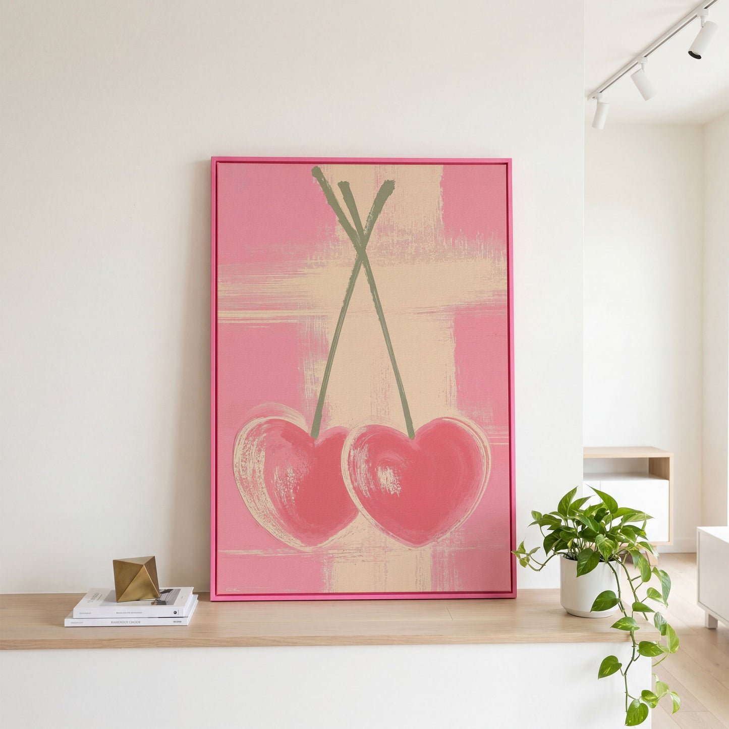 Pink Heart Cherries Canvas Print in pink floating frame