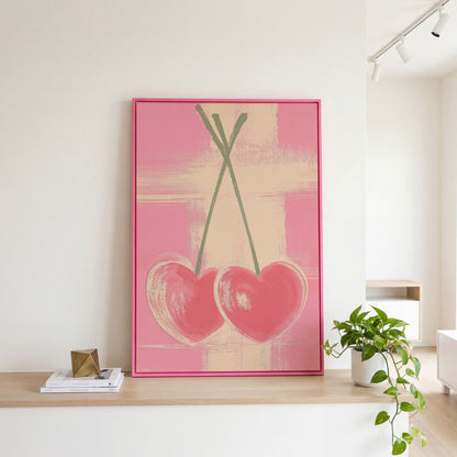 Pink Heart Cherries Canvas Print in pink floating frame