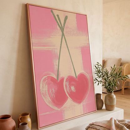 Pink Heart Cherries Canvas Print in rose gold floating frame