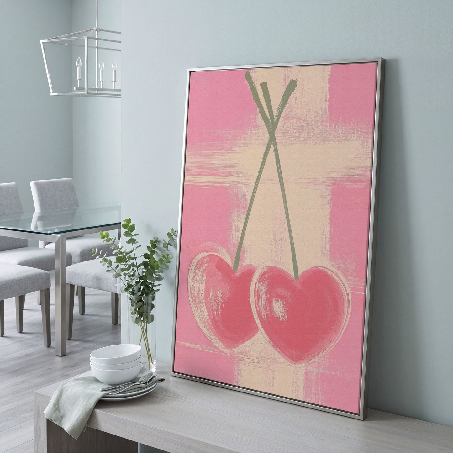 Pink Heart Cherries Canvas Print in silver floating frame