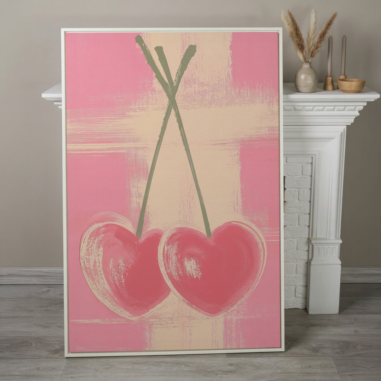 Pink Heart Cherries Canvas Print in white floating frame