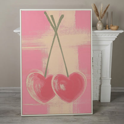 Pink Heart Cherries Canvas Print in white floating frame