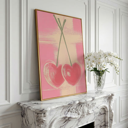 Pink Heart Cherries Canvas Print in yellow gold floating frame