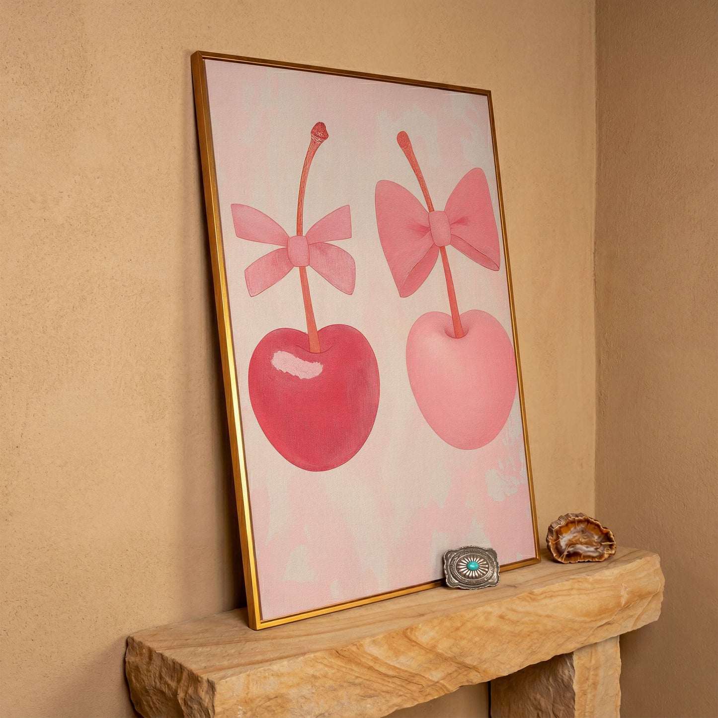 Two Cherries with Bows Pink Canvas in antique gold floating frame
