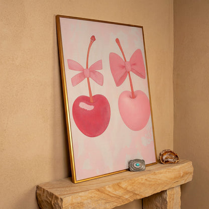 Two Cherries with Bows Pink Canvas in antique gold floating frame