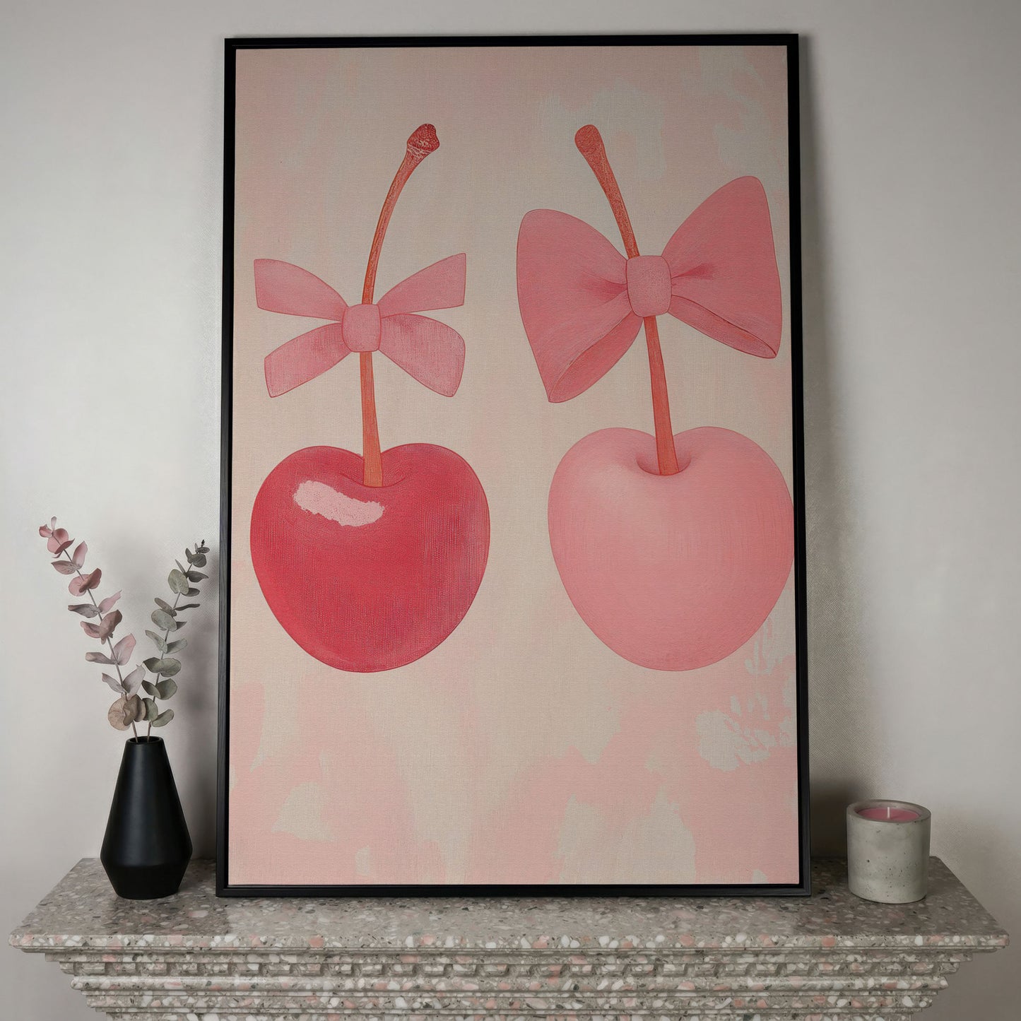 Two Cherries with Bows Pink Canvas in black floating frame