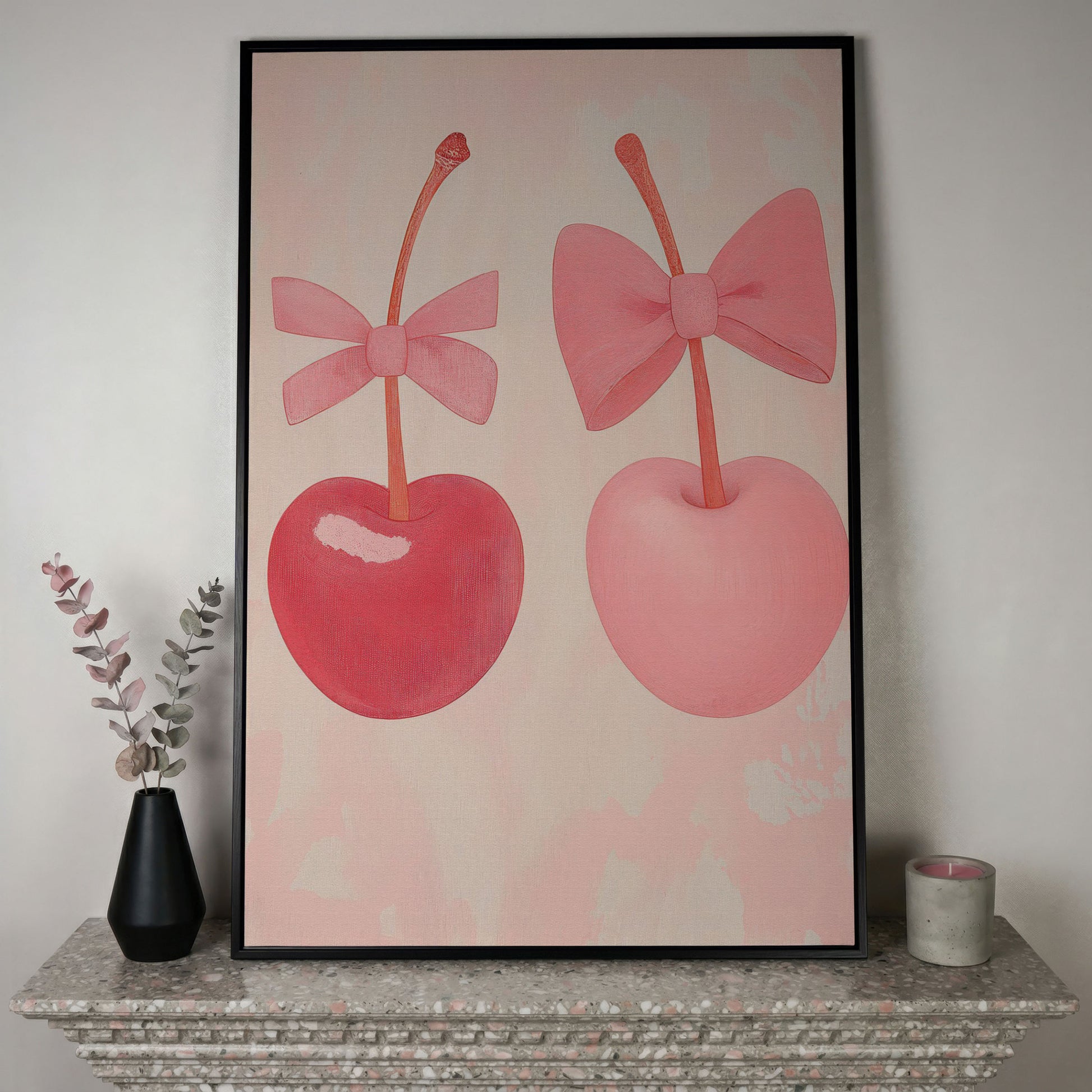 Two Cherries with Bows Pink Canvas in black floating frame