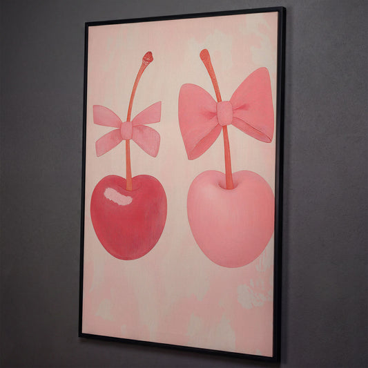 Two Cherries with Bows Pink Canvas shown in black floating frame