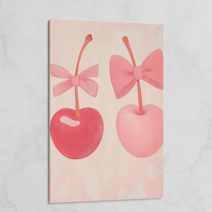 Two Cherries with Bows Pink Canvas on gallery wrap