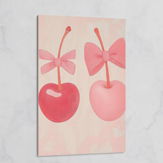 Two Cherries with Bows Pink Canvas on gallery wrap