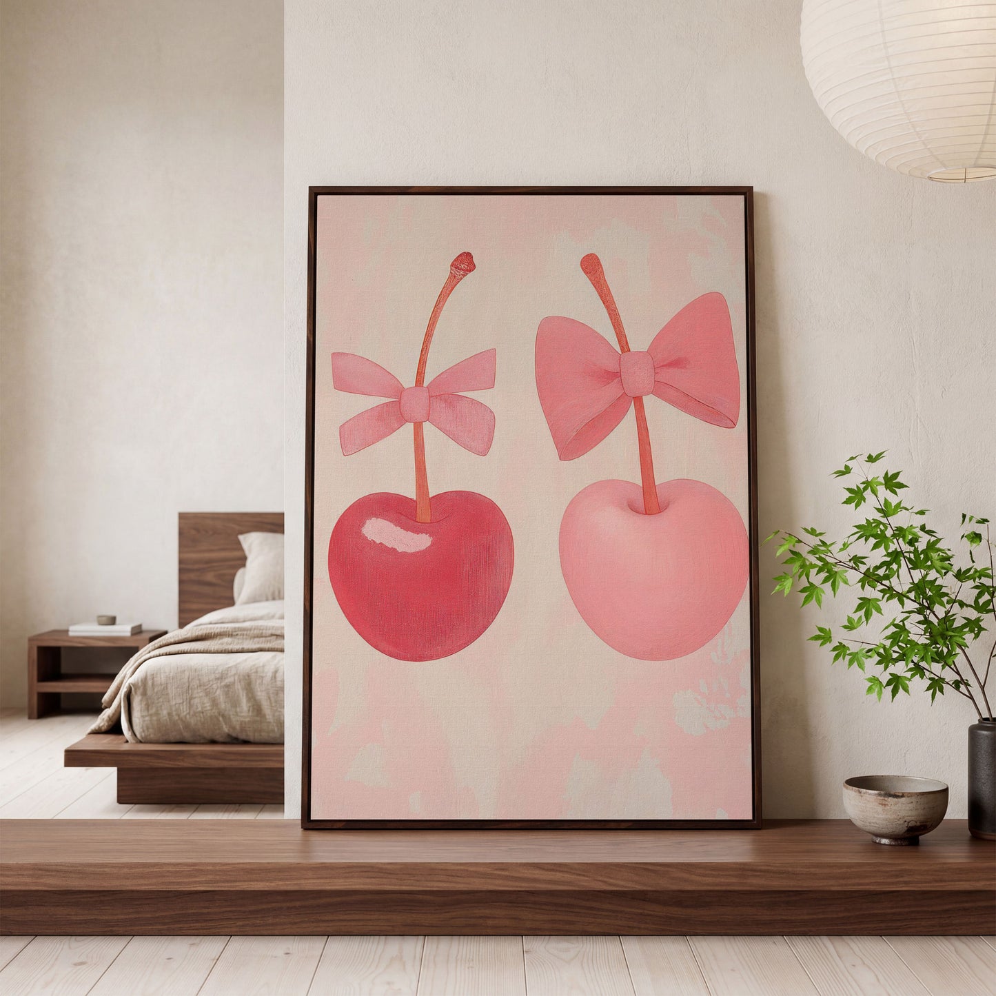 Two Cherries with Bows Pink Canvas in dark walnut floating frame