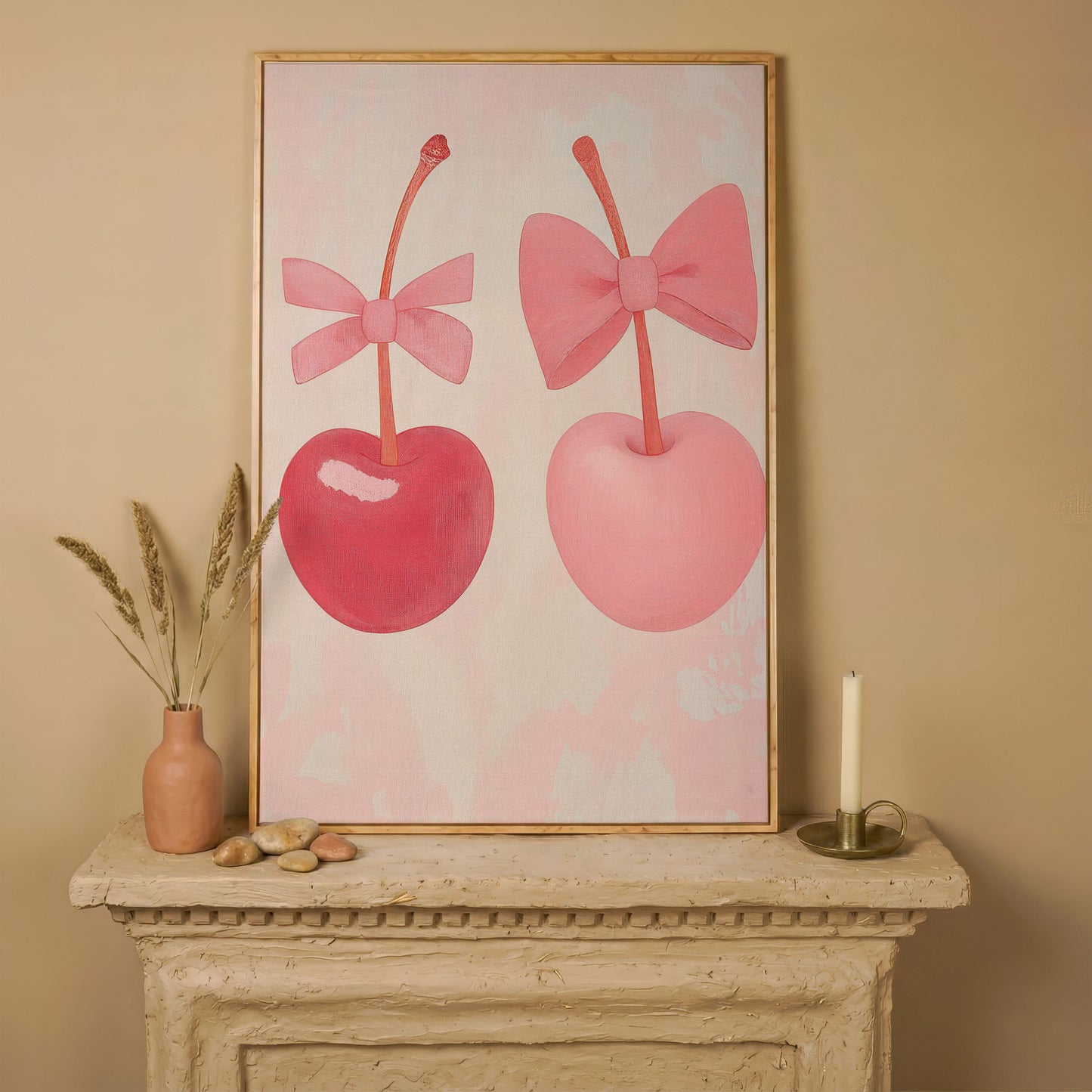 Two Cherries with Bows Pink Canvas in white oak floating frame