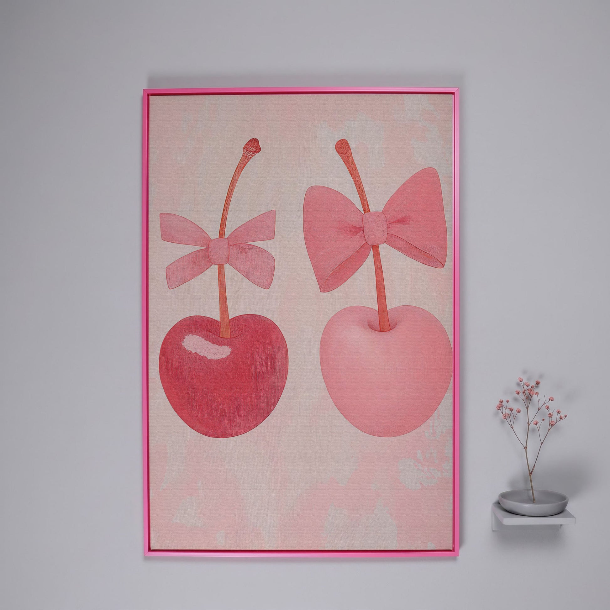 Two Cherries with Bows Pink Canvas in pink floating frame