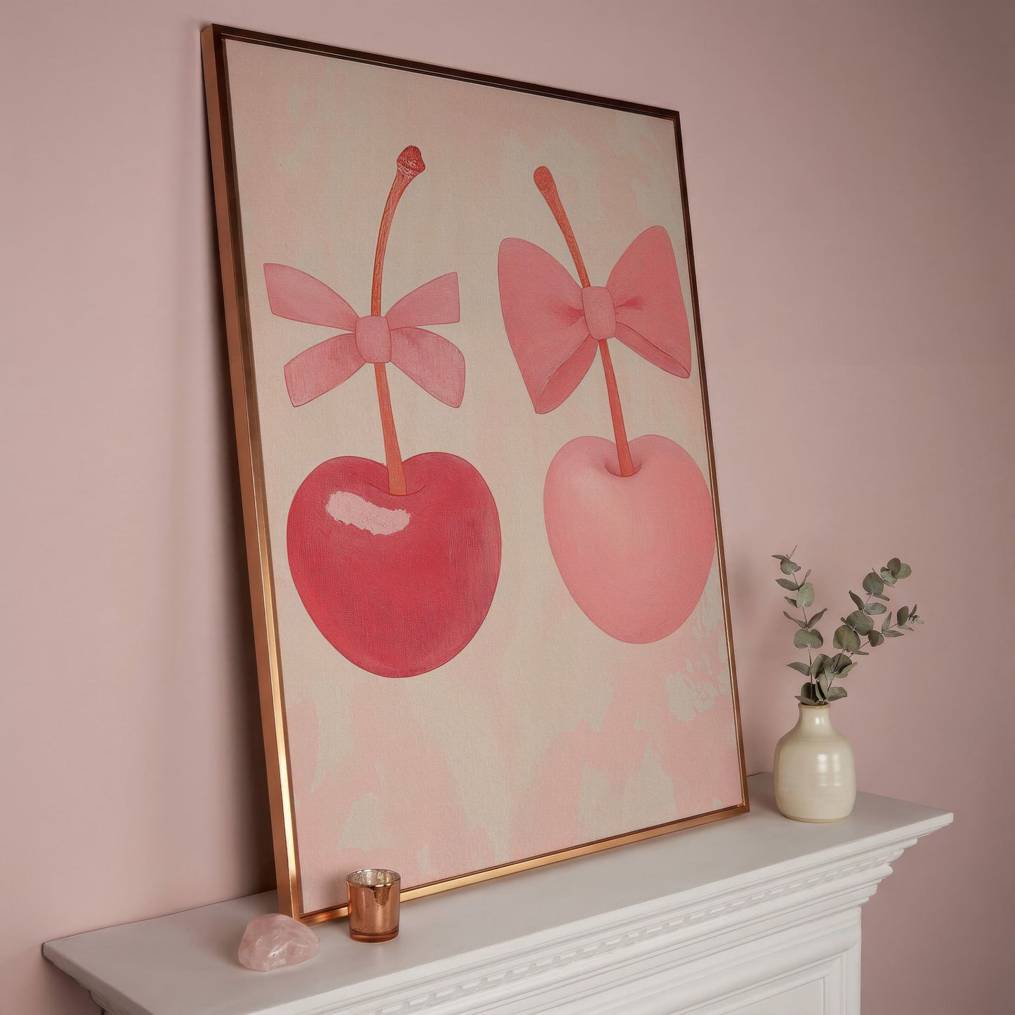 Two Cherries with Bows Pink Canvas in rose gold floating frame
