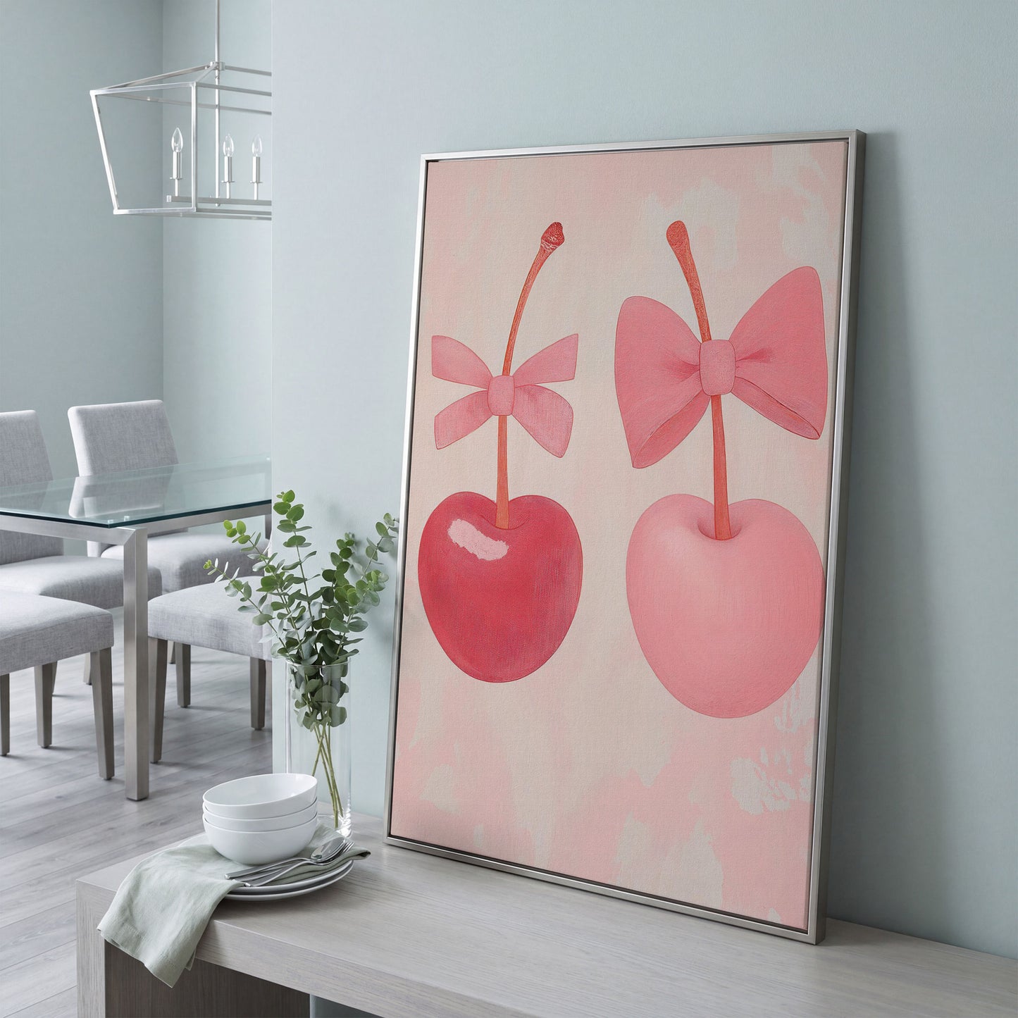 Two Cherries with Bows Pink Canvas in silver floating frame
