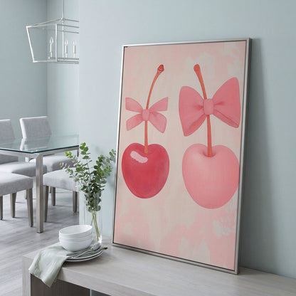 Two Cherries with Bows Pink Canvas in silver floating frame