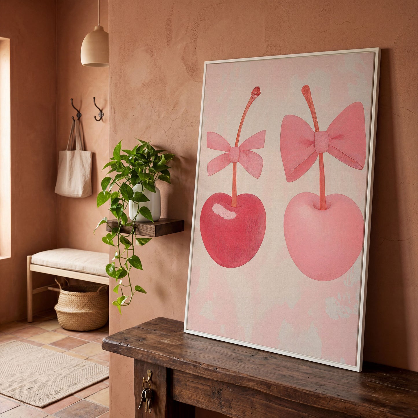 Two Cherries with Bows Pink Canvas in white floating frame
