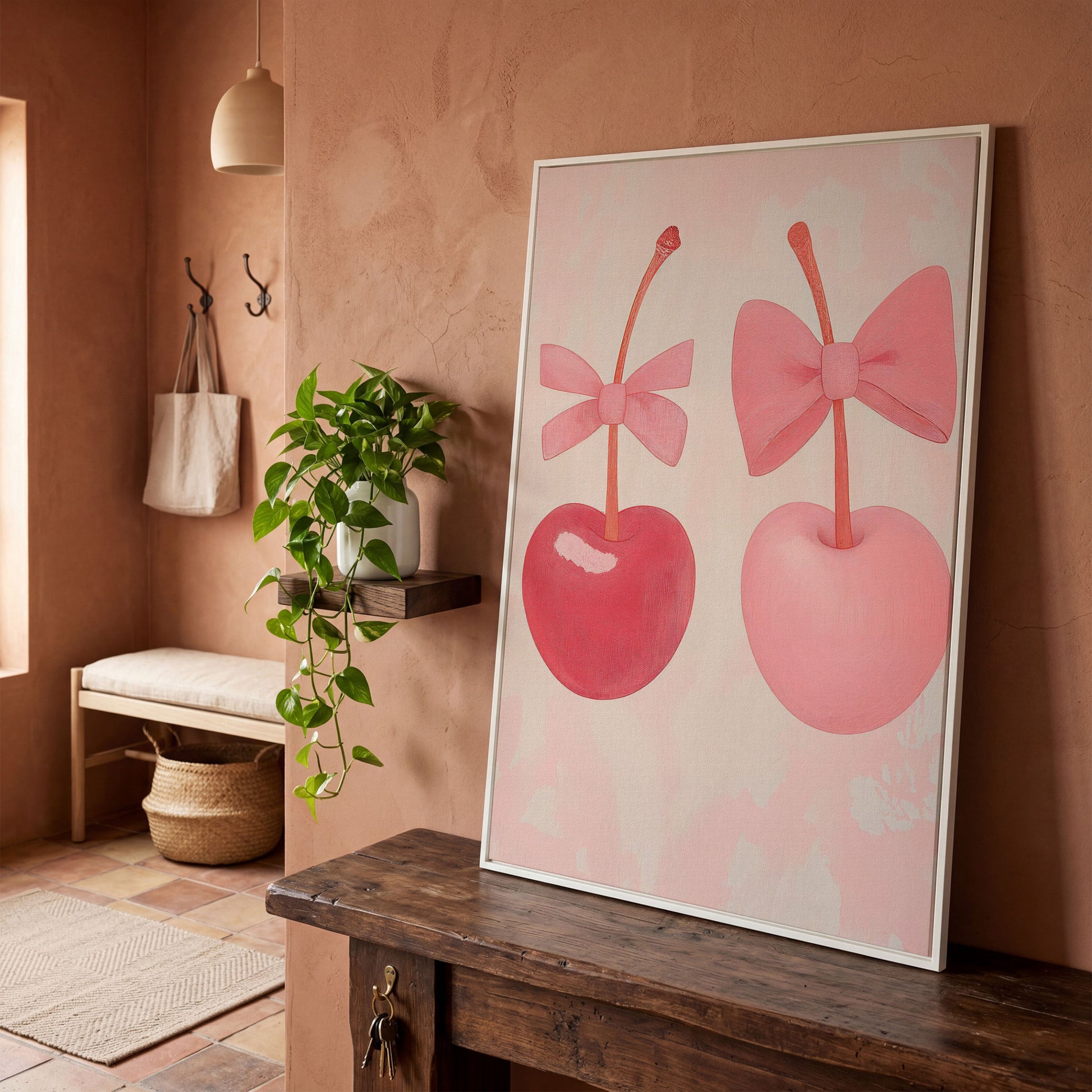 Two Cherries with Bows Pink Canvas in white floating frame