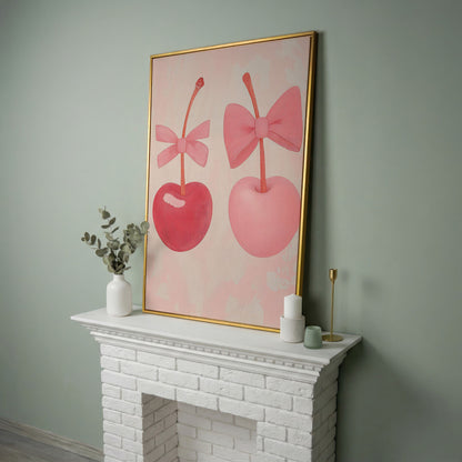 Two Cherries with Bows Pink Canvas in yellow gold floating frame