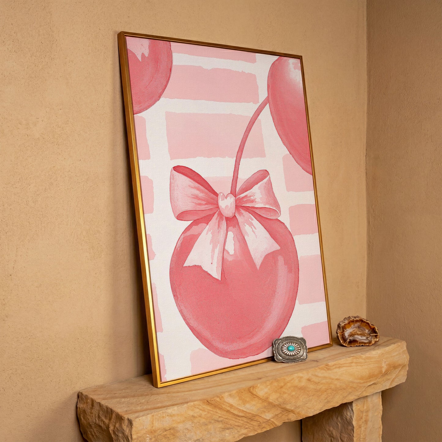 Cherry and Bow Canvas Print in Soft Pink in antique gold floating frame