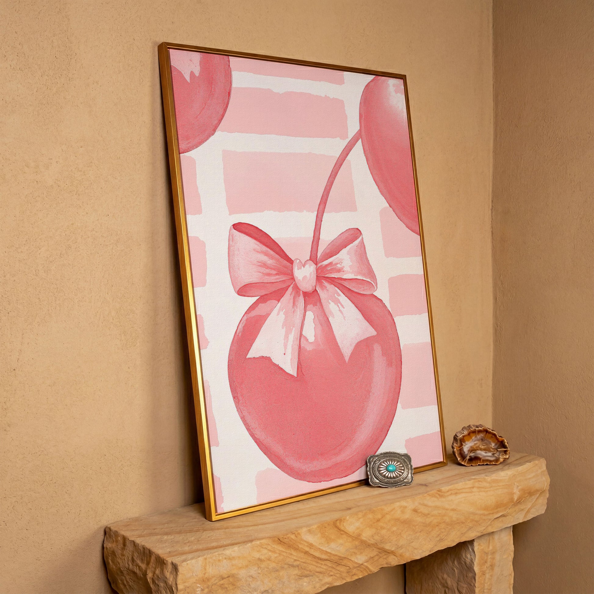 Cherry and Bow Canvas Print in Soft Pink in antique gold floating frame