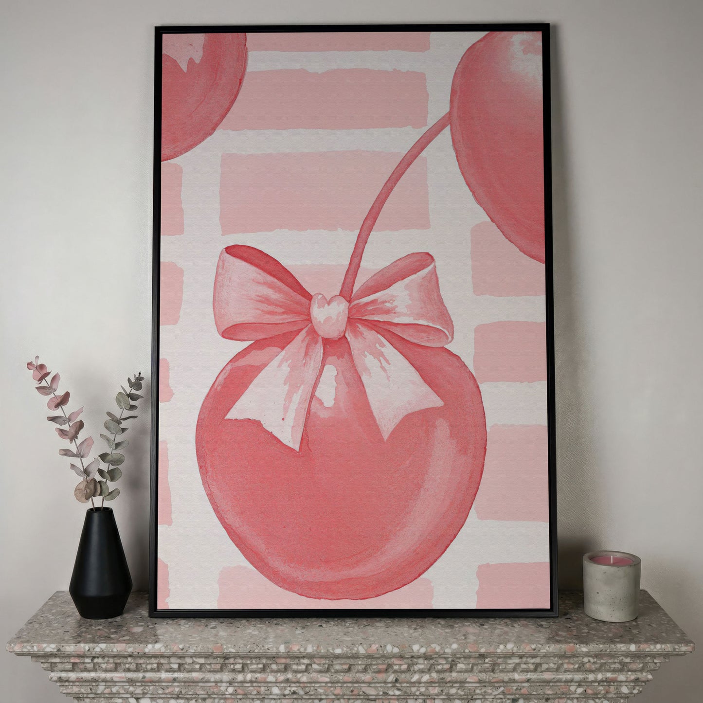 Cherry and Bow Canvas Print in Soft Pink in black floating frame