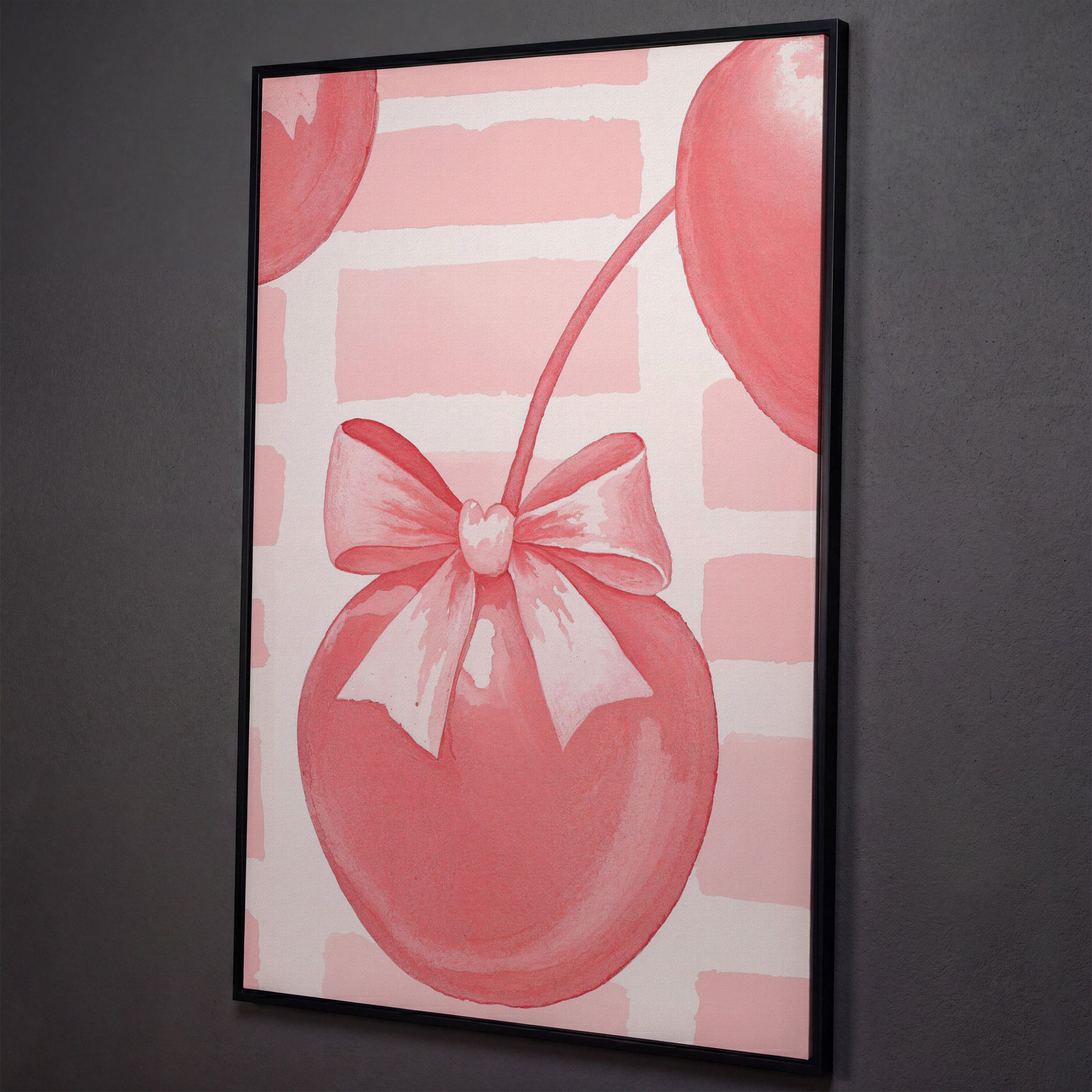 Cherry and Bow Canvas Print in Soft Pink shown in black floating frame