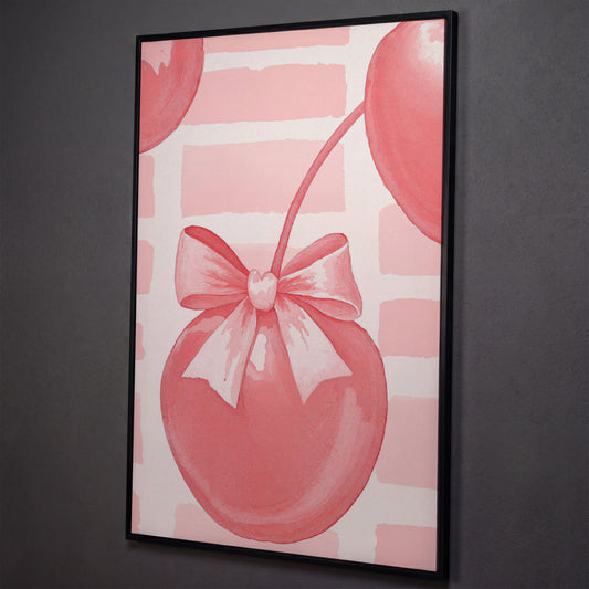Cherry and Bow Canvas Print in Soft Pink shown in black floating frame