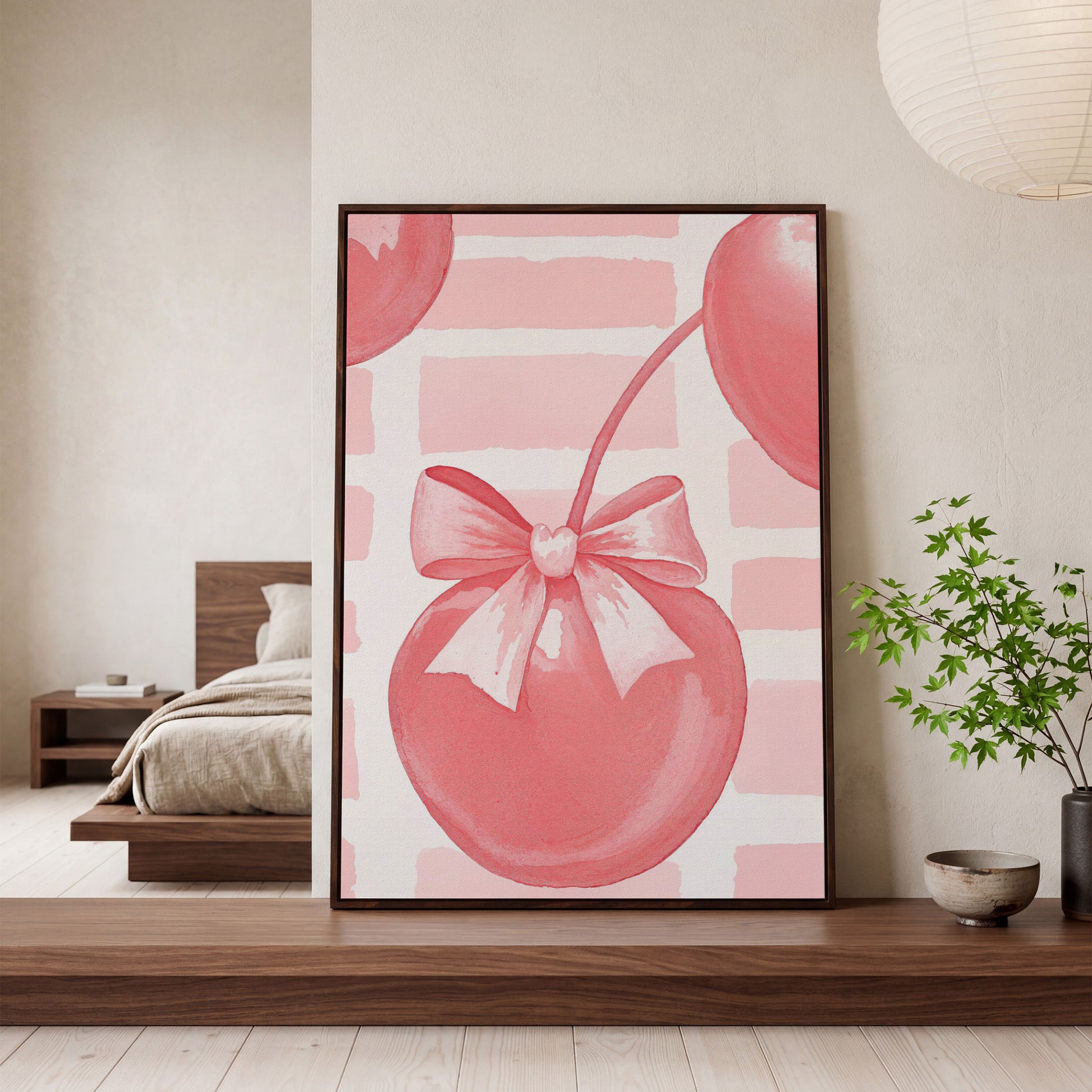 Cherry and Bow Canvas Print in Soft Pink in dark walnut floating frame