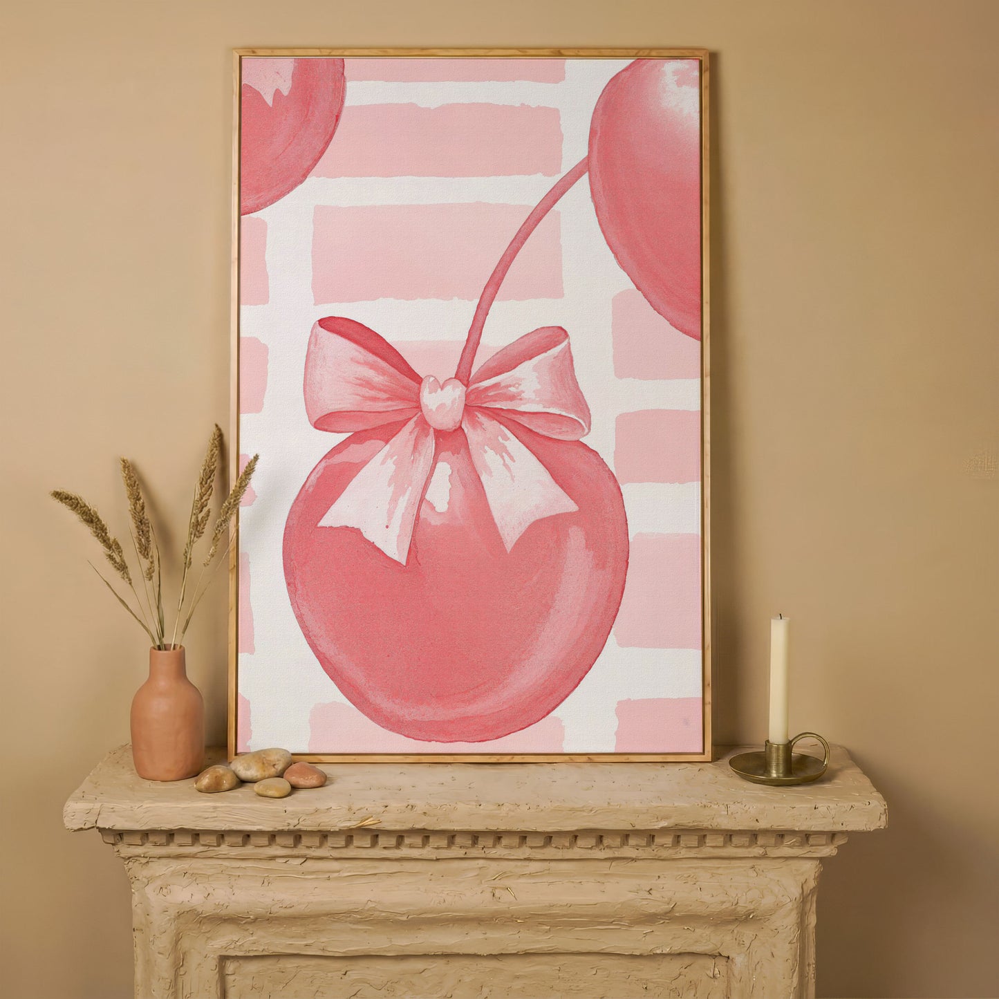 Cherry and Bow Canvas Print in Soft Pink in white oak floating frame