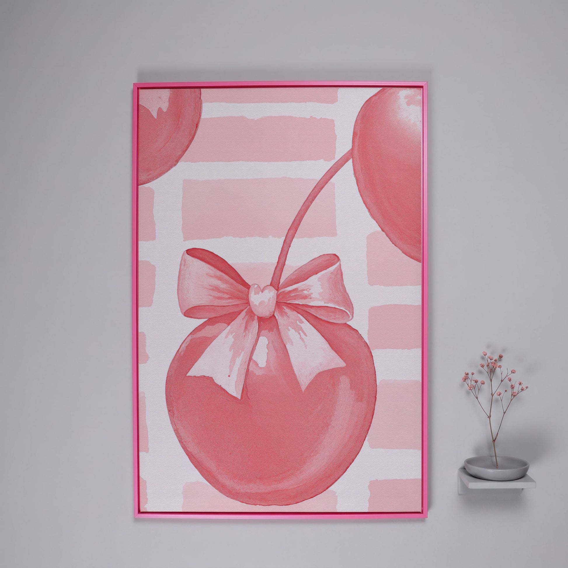 Cherry and Bow Canvas Print in Soft Pink in pink floating frame