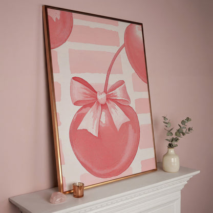 Cherry and Bow Canvas Print in Soft Pink in rose gold floating frame