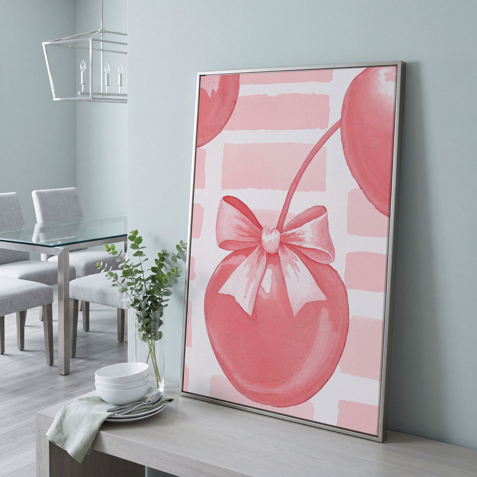 Cherry and Bow Canvas Print in Soft Pink in silver floating frame