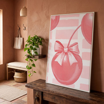 Cherry and Bow Canvas Print in Soft Pink in white floating frame