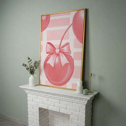 Cherry and Bow Canvas Print in Soft Pink in yellow gold floating frame