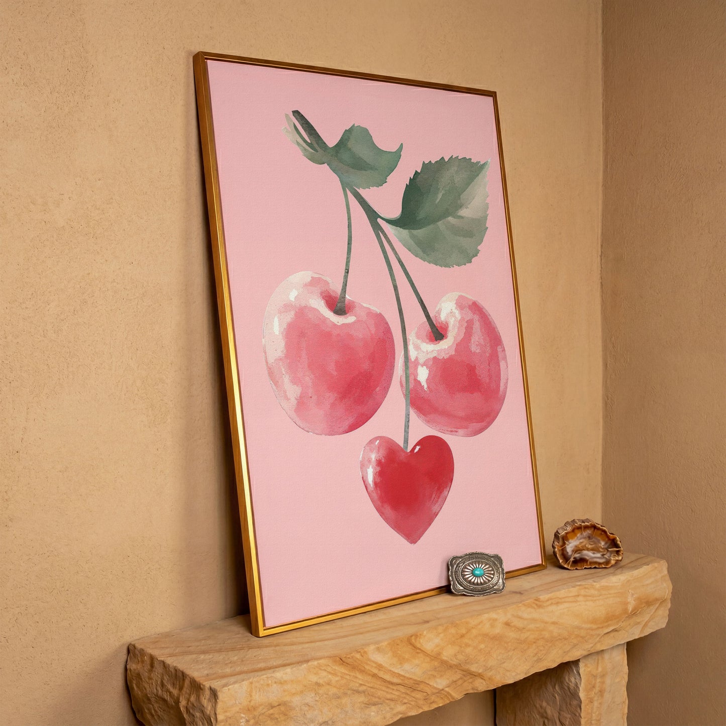 Romantic Cherry Canvas Print with Heart Detail in antique gold floating frame