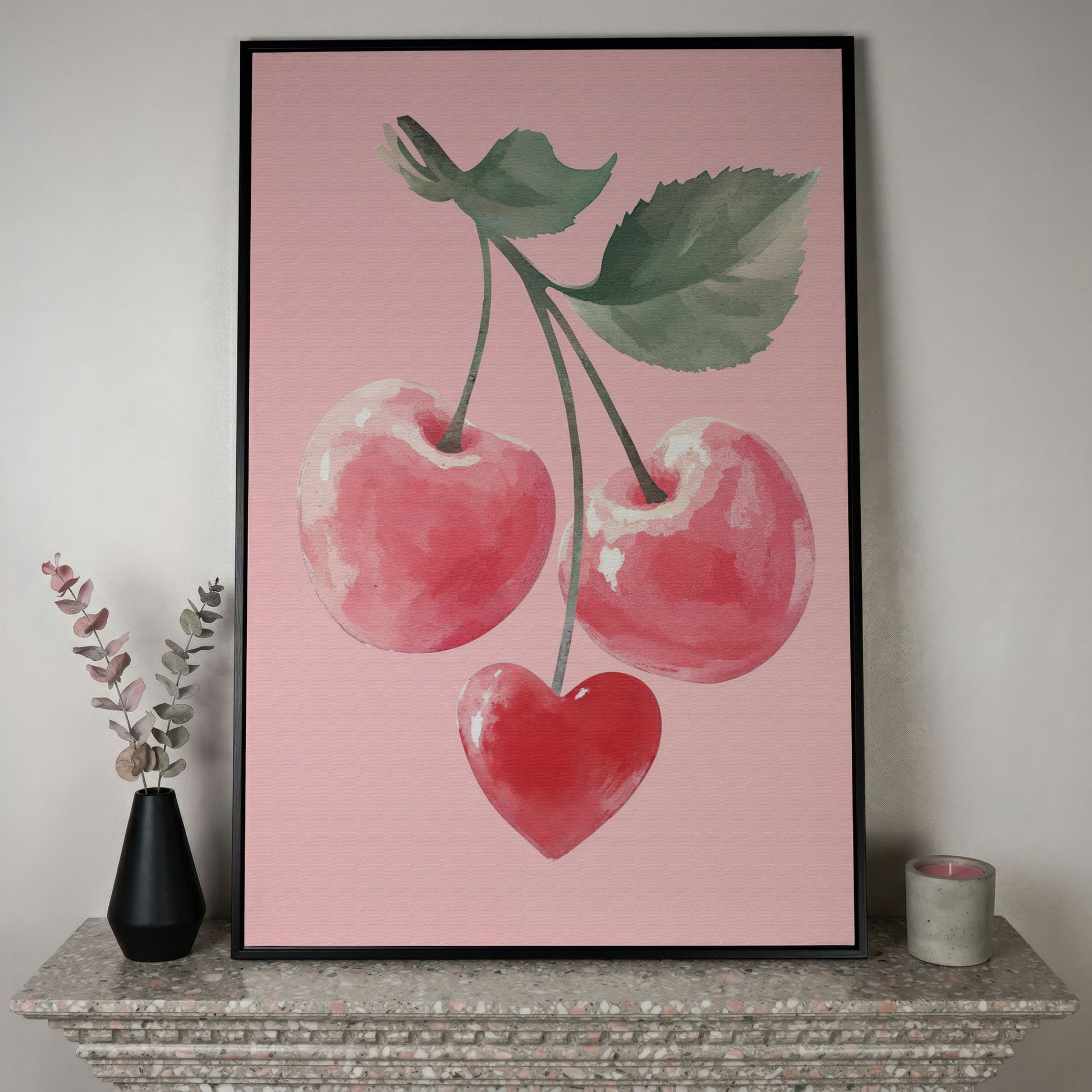 Romantic Cherry Canvas Print with Heart Detail in black floating frame