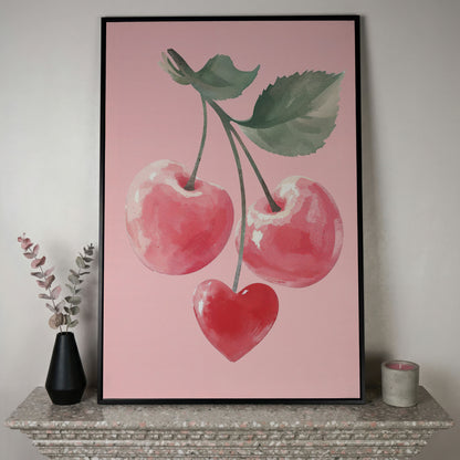Romantic Cherry Canvas Print with Heart Detail in black floating frame