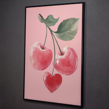 Romantic Cherry Canvas Print with Heart Detail shown in black floating frame