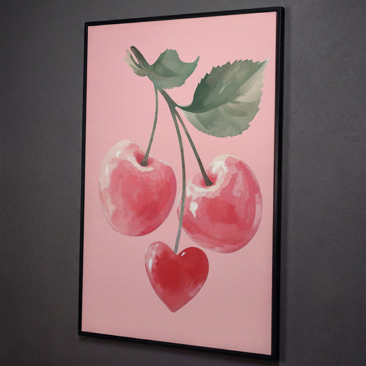 Romantic Cherry Canvas Print with Heart Detail shown in black floating frame