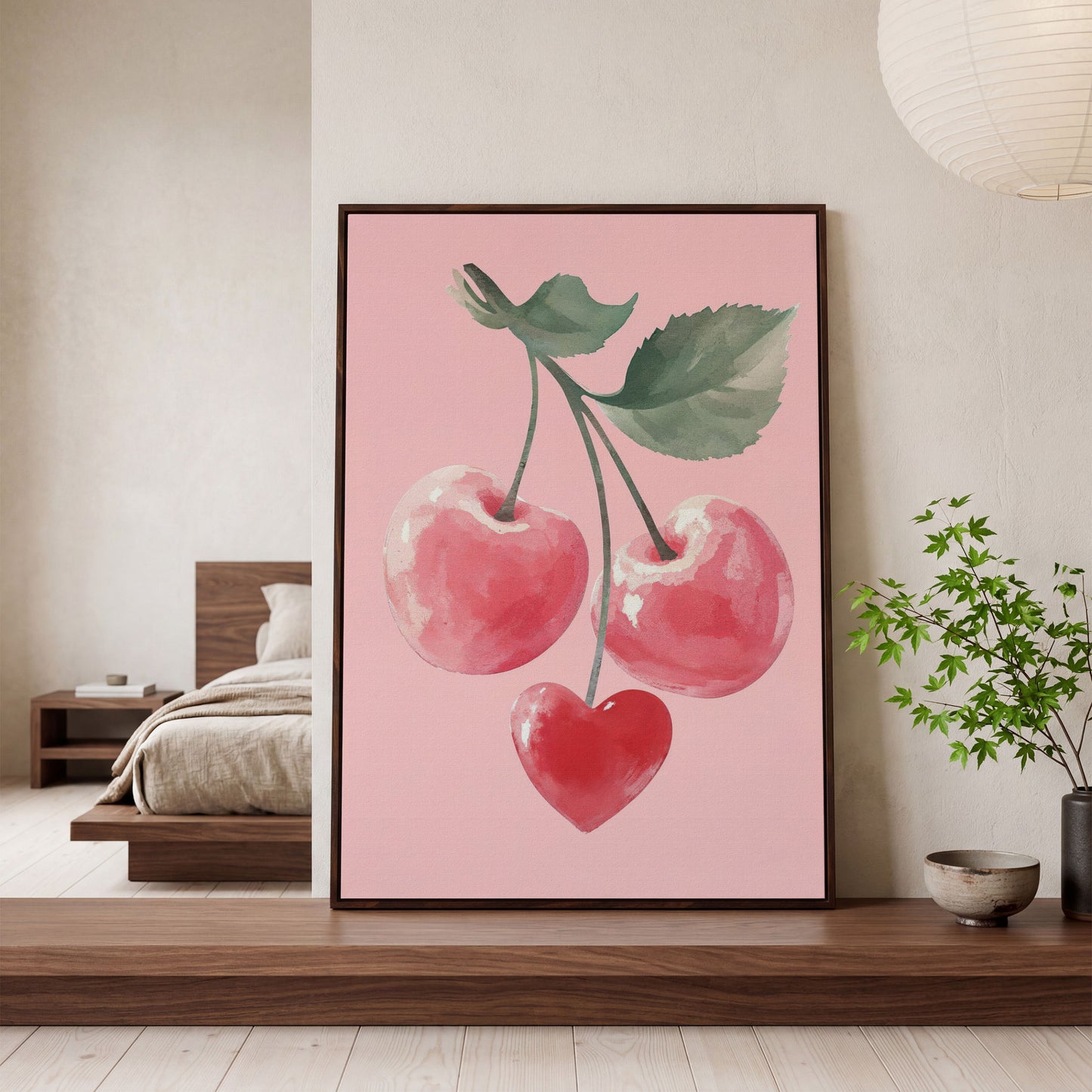 Romantic Cherry Canvas Print with Heart Detail in dark walnut floating frame