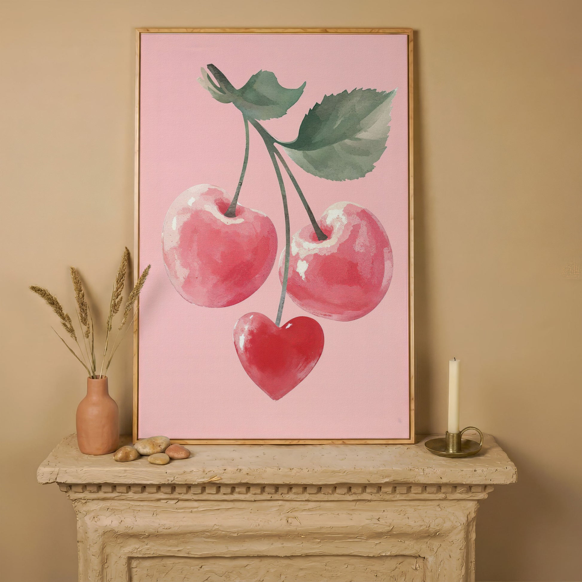 Romantic Cherry Canvas Print with Heart Detail in white oak floating frame