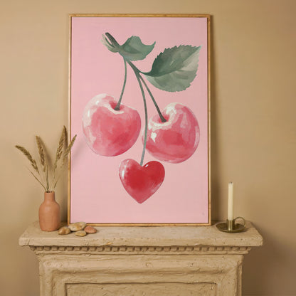 Romantic Cherry Canvas Print with Heart Detail in white oak floating frame